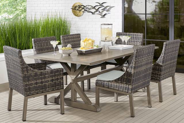 Montecello Gray 7 Pc Rectangle Outdoor Dining Set with Rollo Mist Cushions - Thumbnail - Image 1