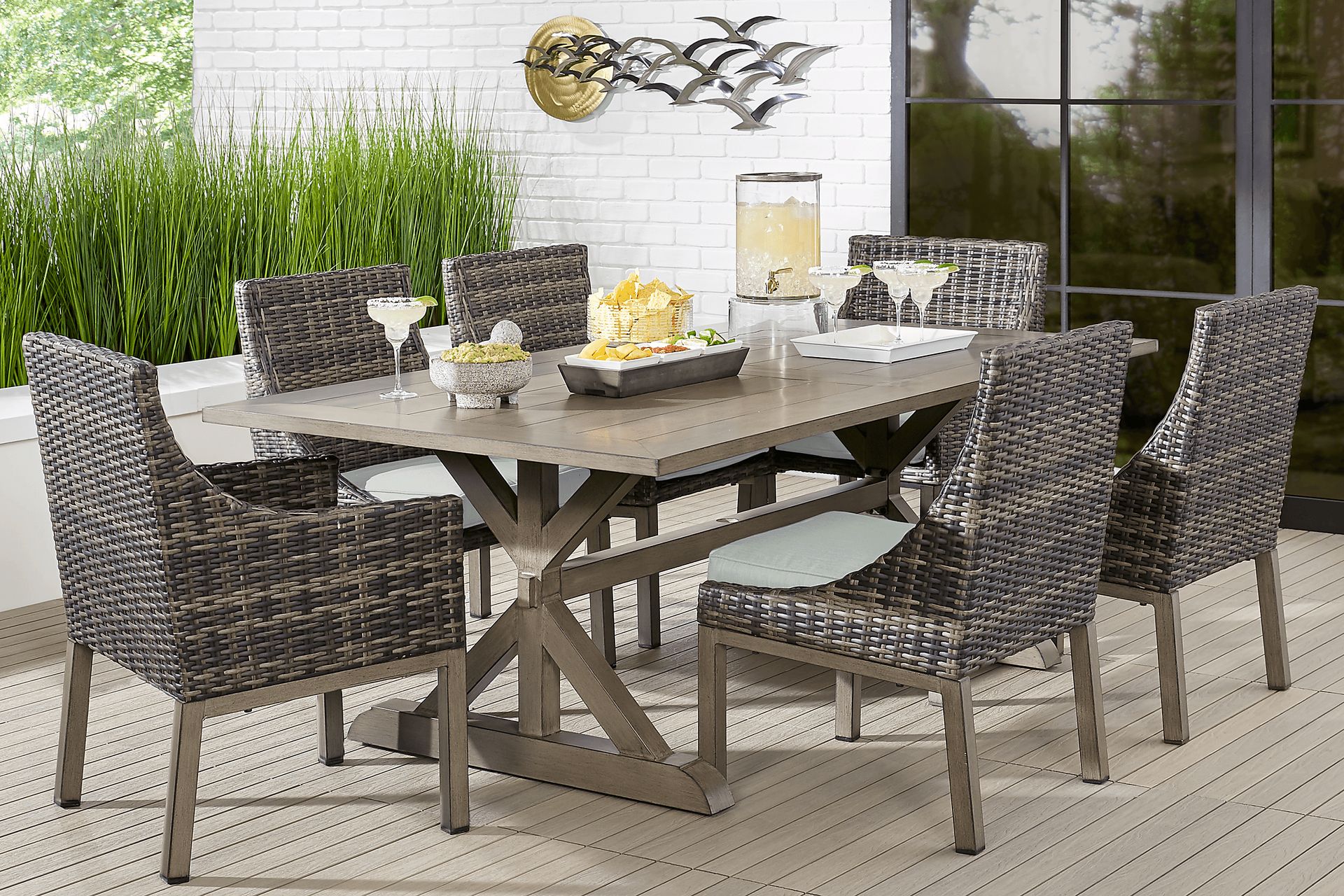 Montecello Gray 7 Pc Rectangle Outdoor Dining Set with Rollo Mist Cushions - Image 1