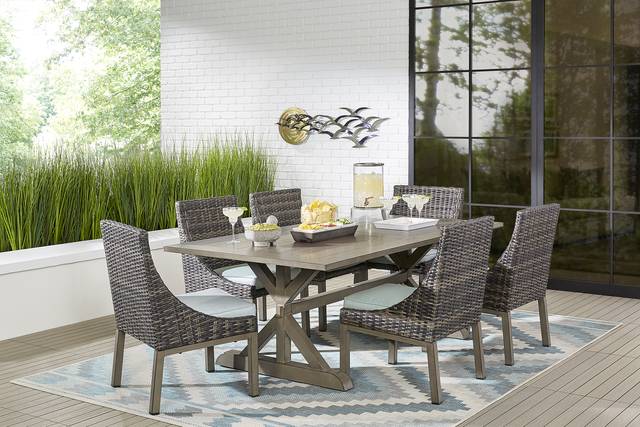 Montecello Gray 7 Pc 84 in. Rectangle Outdoor Dining Set with Mist Cushions - Thumbnail - Image 1