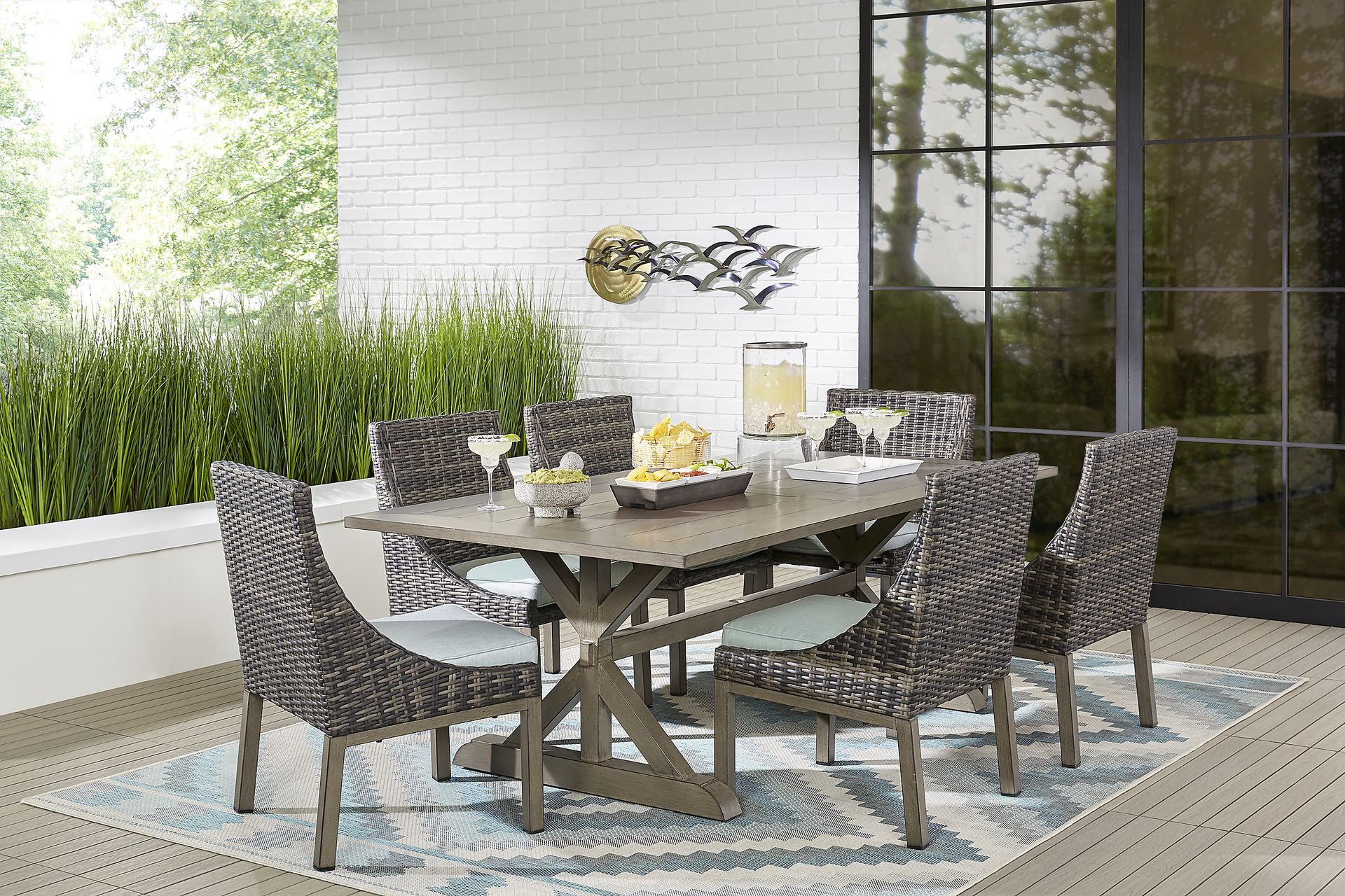 Montecello Gray 7 Pc 84 in. Rectangle Outdoor Dining Set with Mist Cushions - Image 1