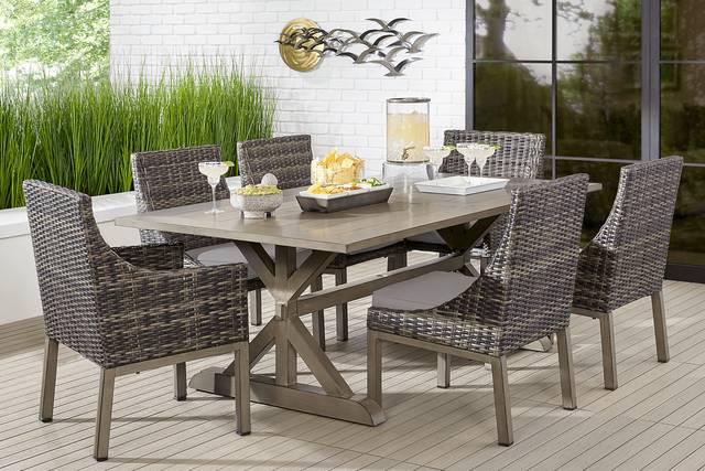 Montecello Gray 7 Pc 84 in. Rectangle Outdoor Dining Set with Silver Cushions - Thumbnail - Image 1