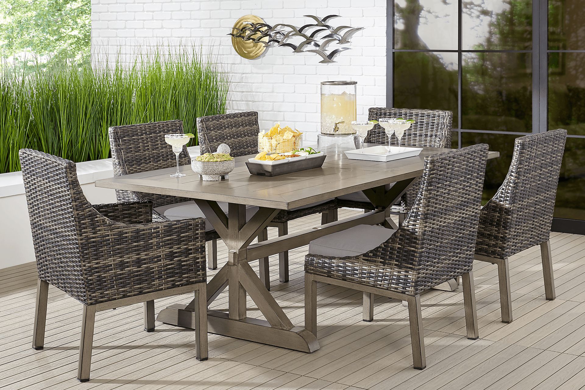 Montecello Gray 7 Pc 84 in. Rectangle Outdoor Dining Set with Silver Cushions - Image 1