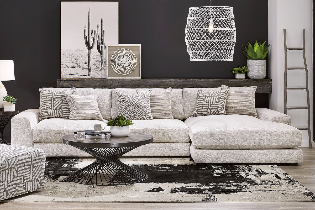 Cindy Crawford Monterey Park Off White Beige White Chenille Fabric 2 Pc Right Arm Chaise Sectional