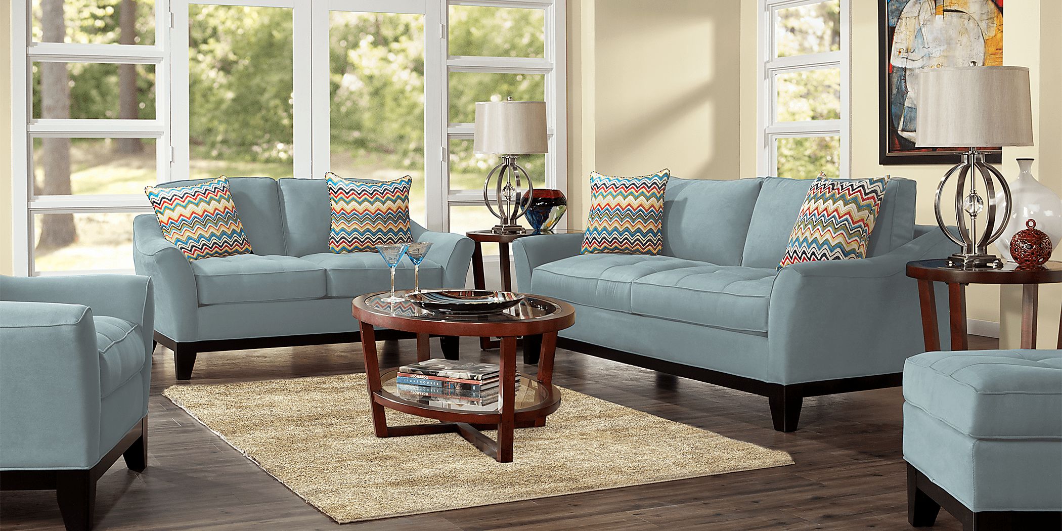 Cindy Crawford Newport Cove 7 Pc Hydra Blue Microfiber Living Room