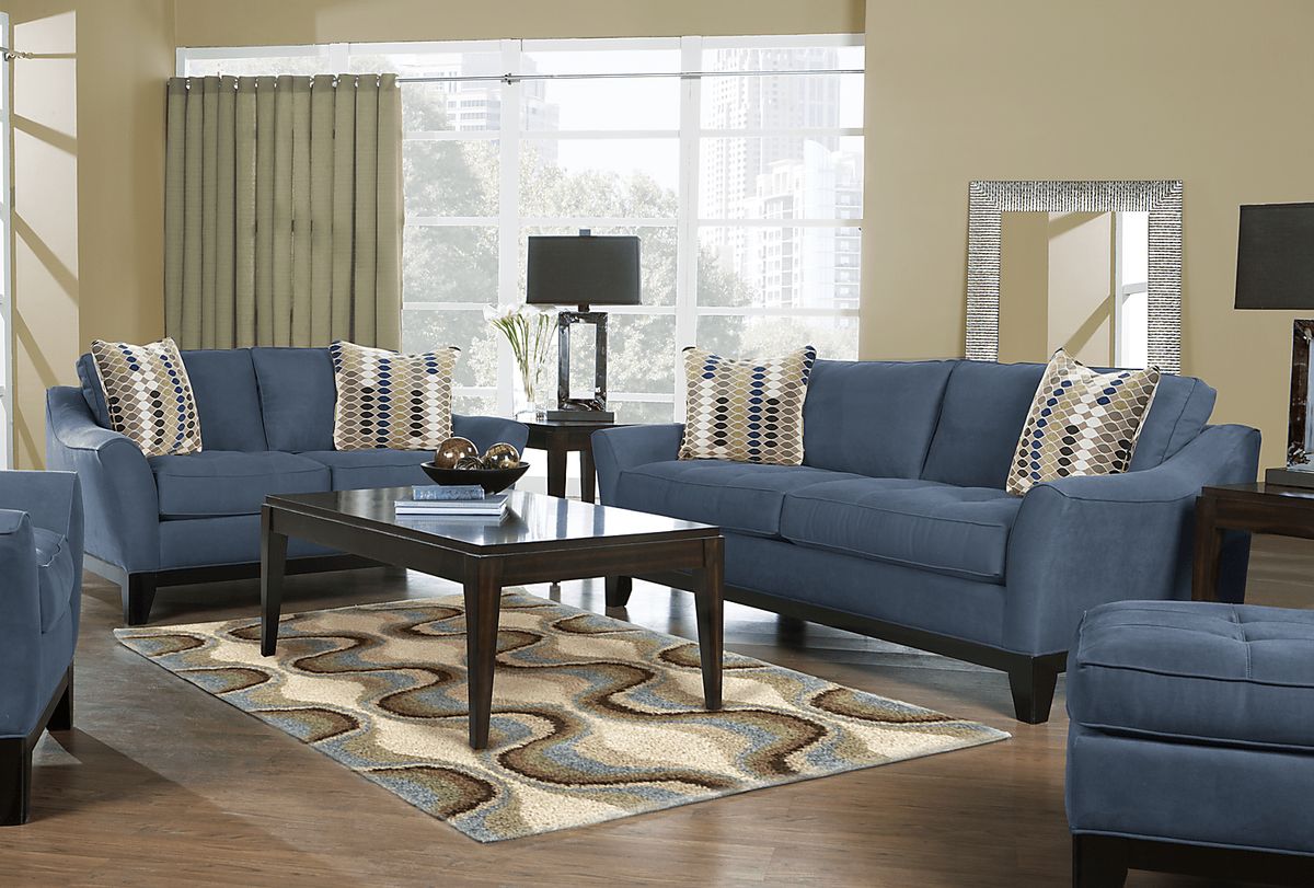 Cindy Crawford Newport Cove 7 Pc Indigo Blue Microfiber Living Room Set