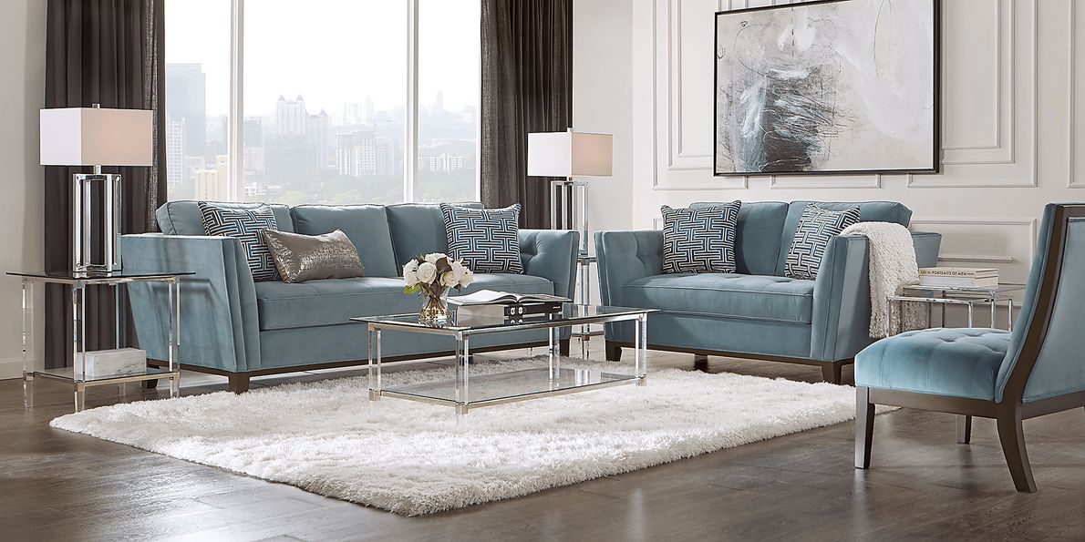 Cindy Crawford Park Boulevard 5 Pc Ocean Blue Plush Living Room Set ...