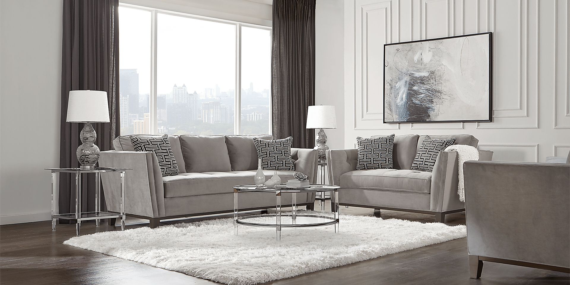 Cindy Crawford Park Boulevard 5 Pc Smoke Gray Plush Living Room Set