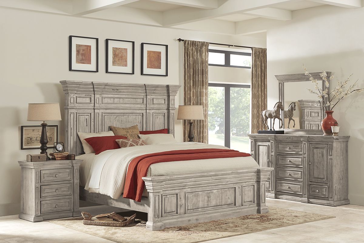 Studio Place 7 Pc Silver Gray King Bedroom Set With Dresser, Mirror, 3 Pc  King Bed, Nightstand