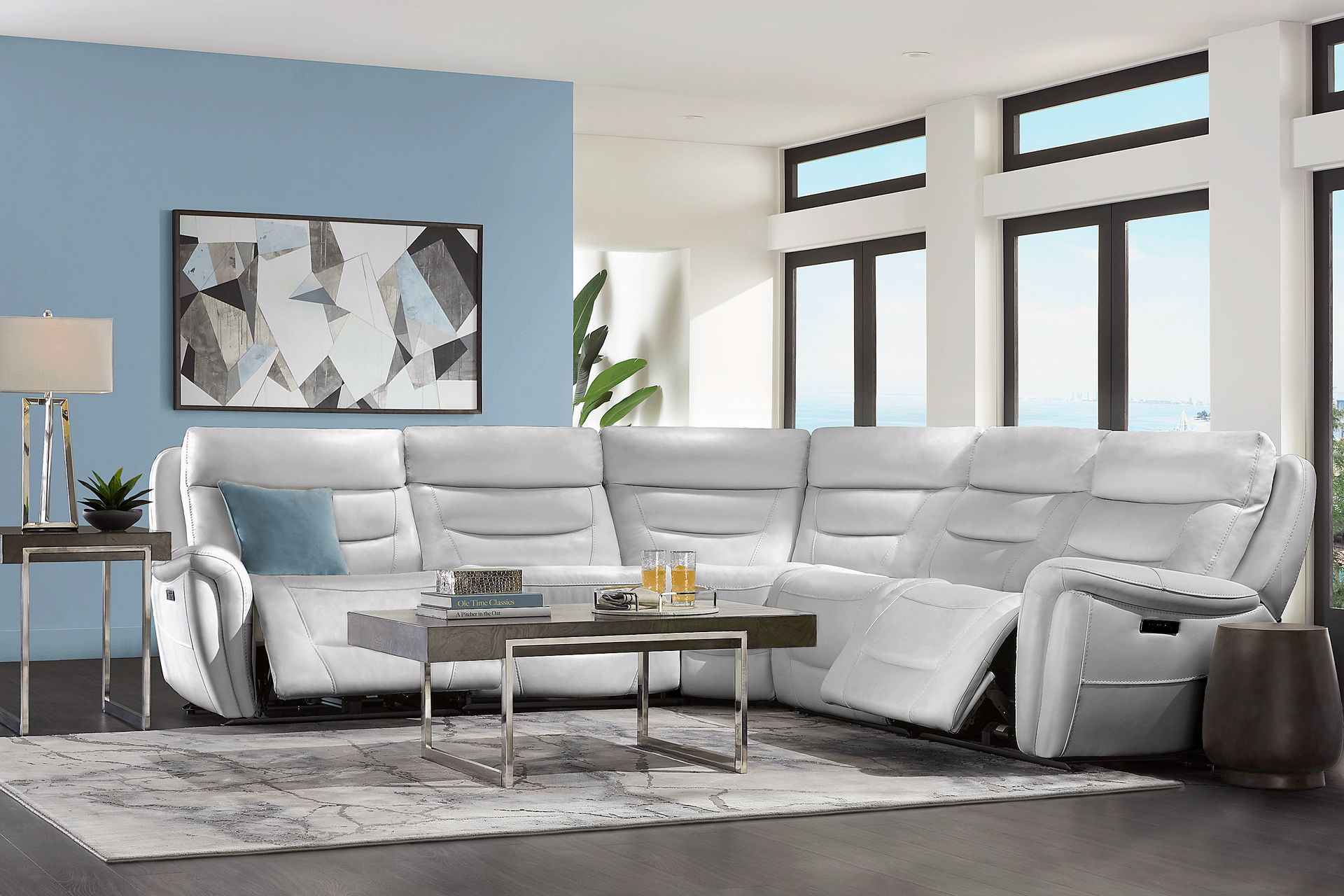 Regis Park Gray Leather 5 Pc Dual Power Reclining Sectional - Image 2