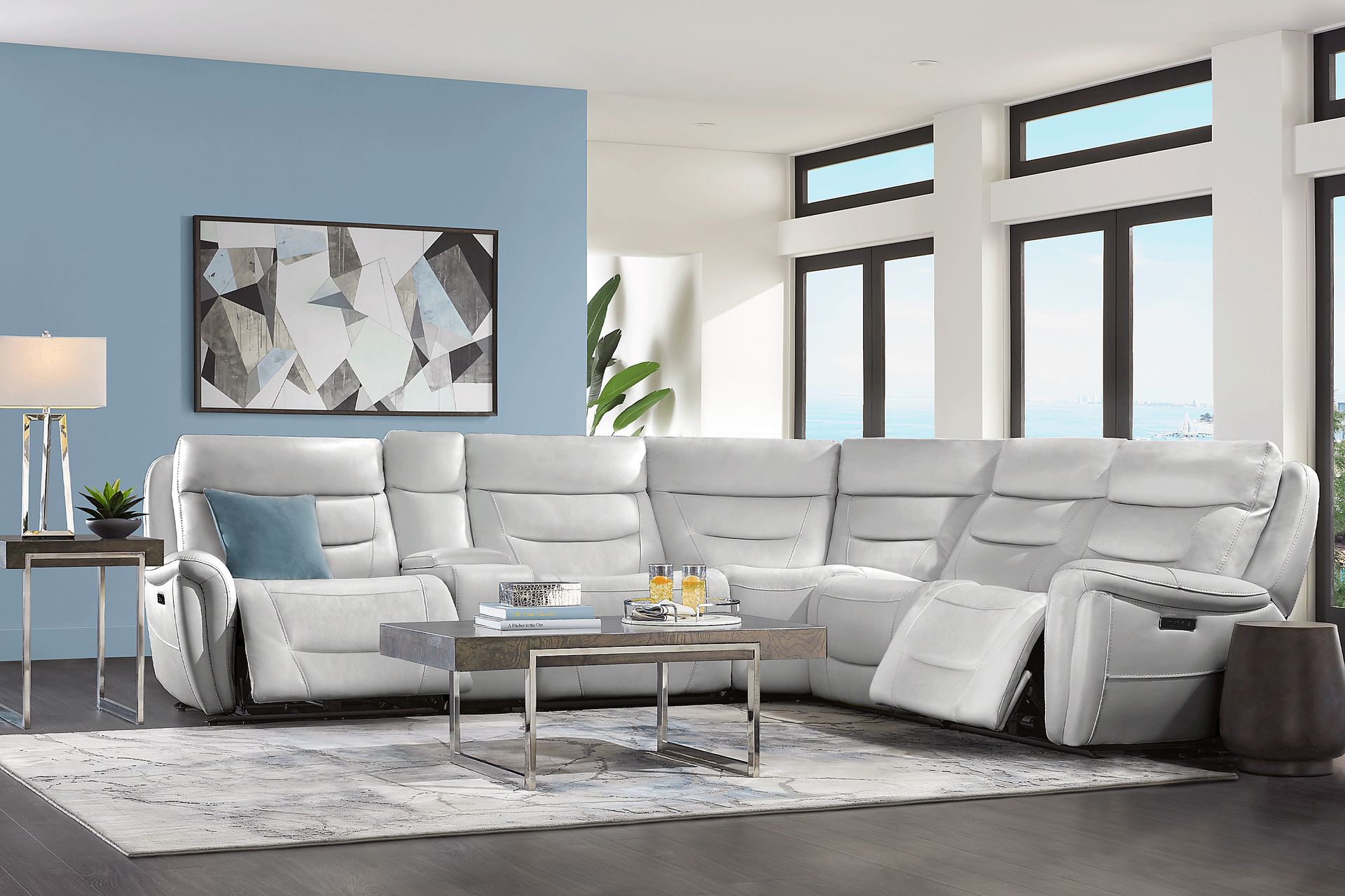 Regis Park Gray Leather 6 Pc Dual Power Reclining Sectional - Image 2