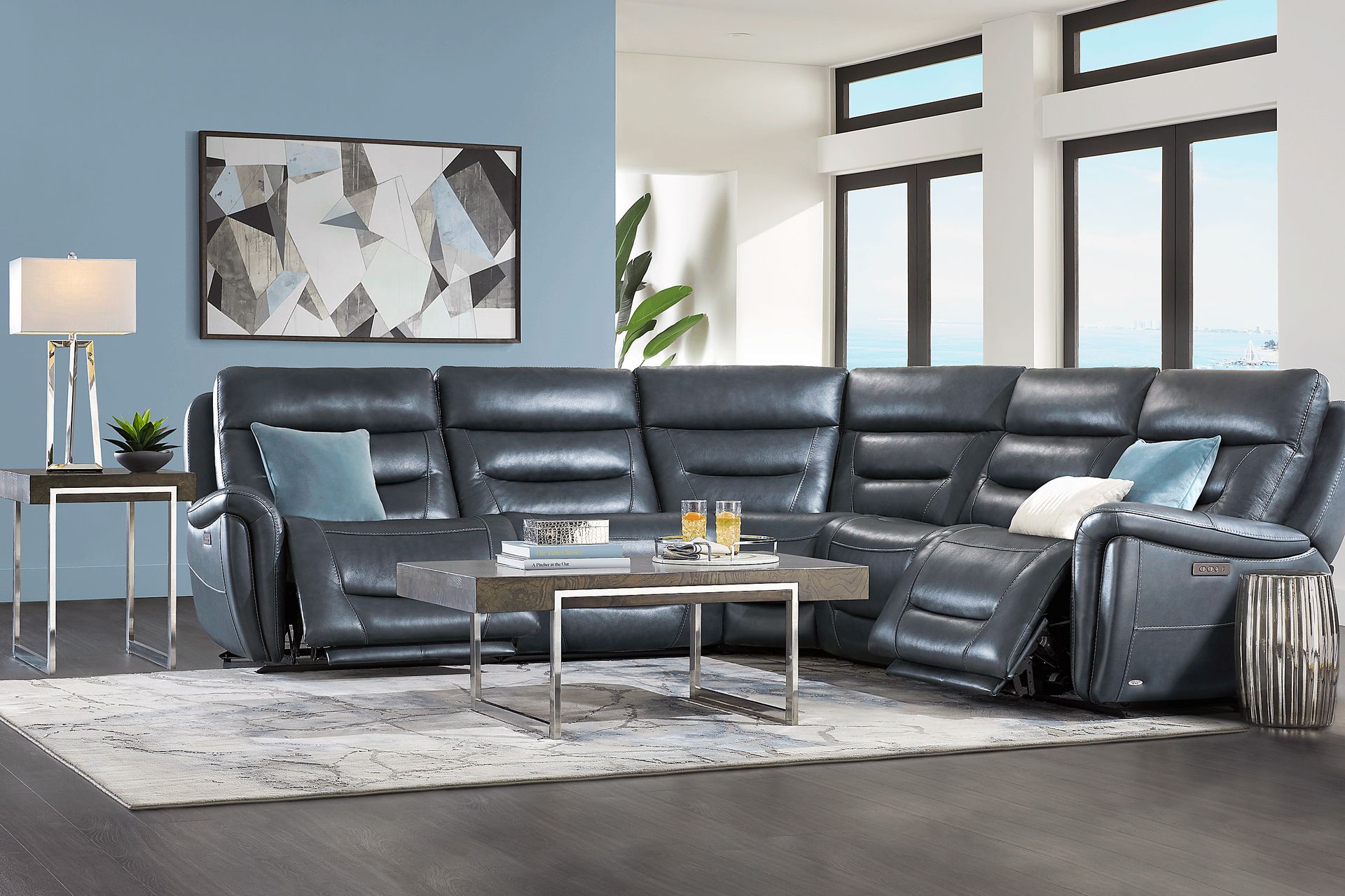 Regis Park Midnight Leather 5 Pc Dual Power Reclining Sectional - Image 2