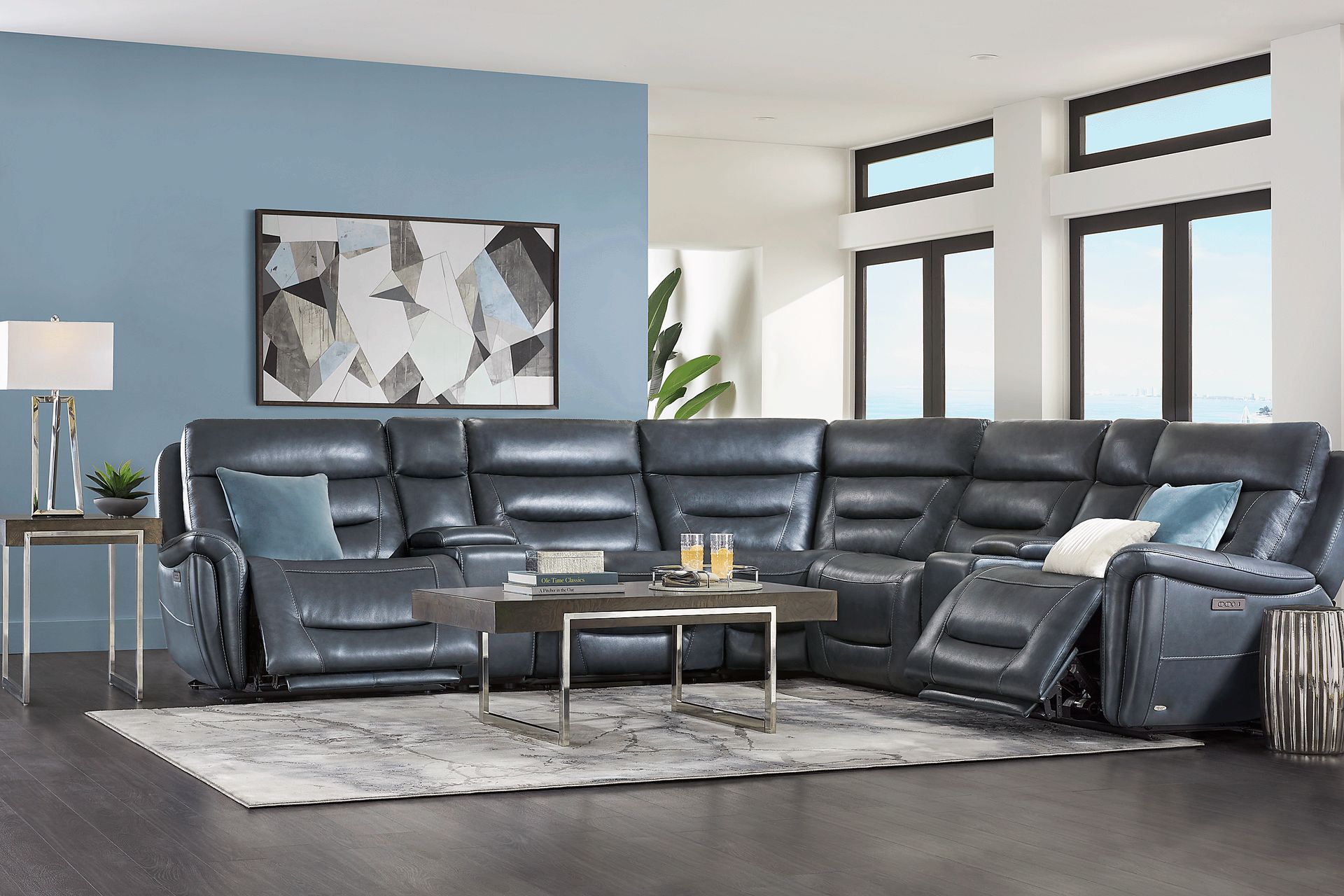 Regis Park Midnight Leather 7 Pc Dual Power Reclining Sectional - Image 2
