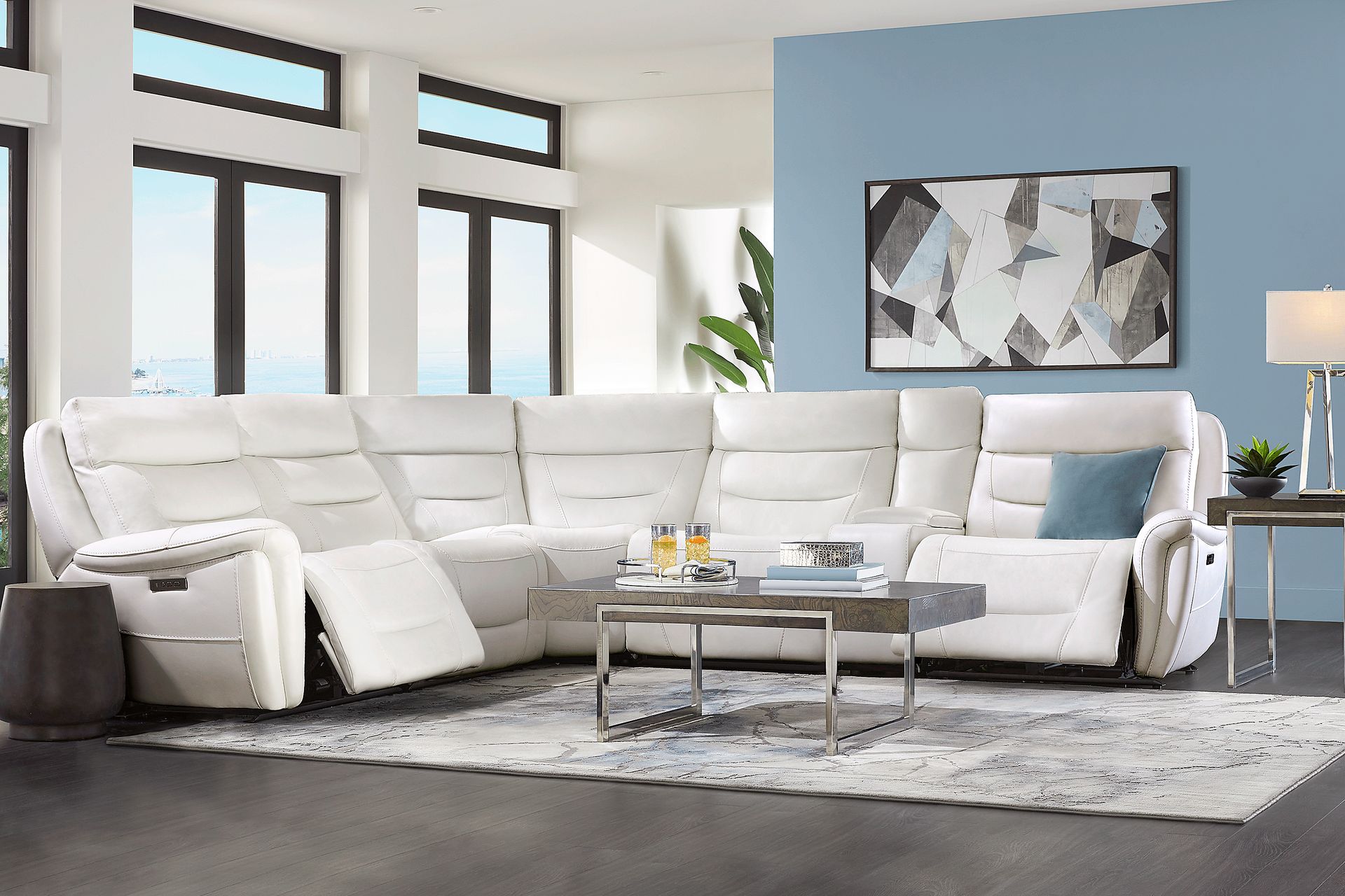 Regis Park White Leather 9 Pc Dual Power Reclining Sectional Living Room - Image 1