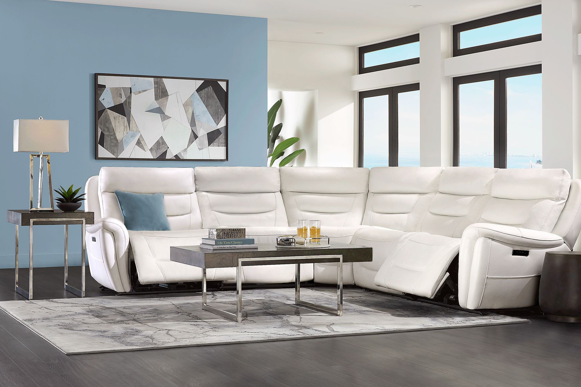 Regis Park White Leather 5 Pc Dual Power Reclining Sectional - Image 2