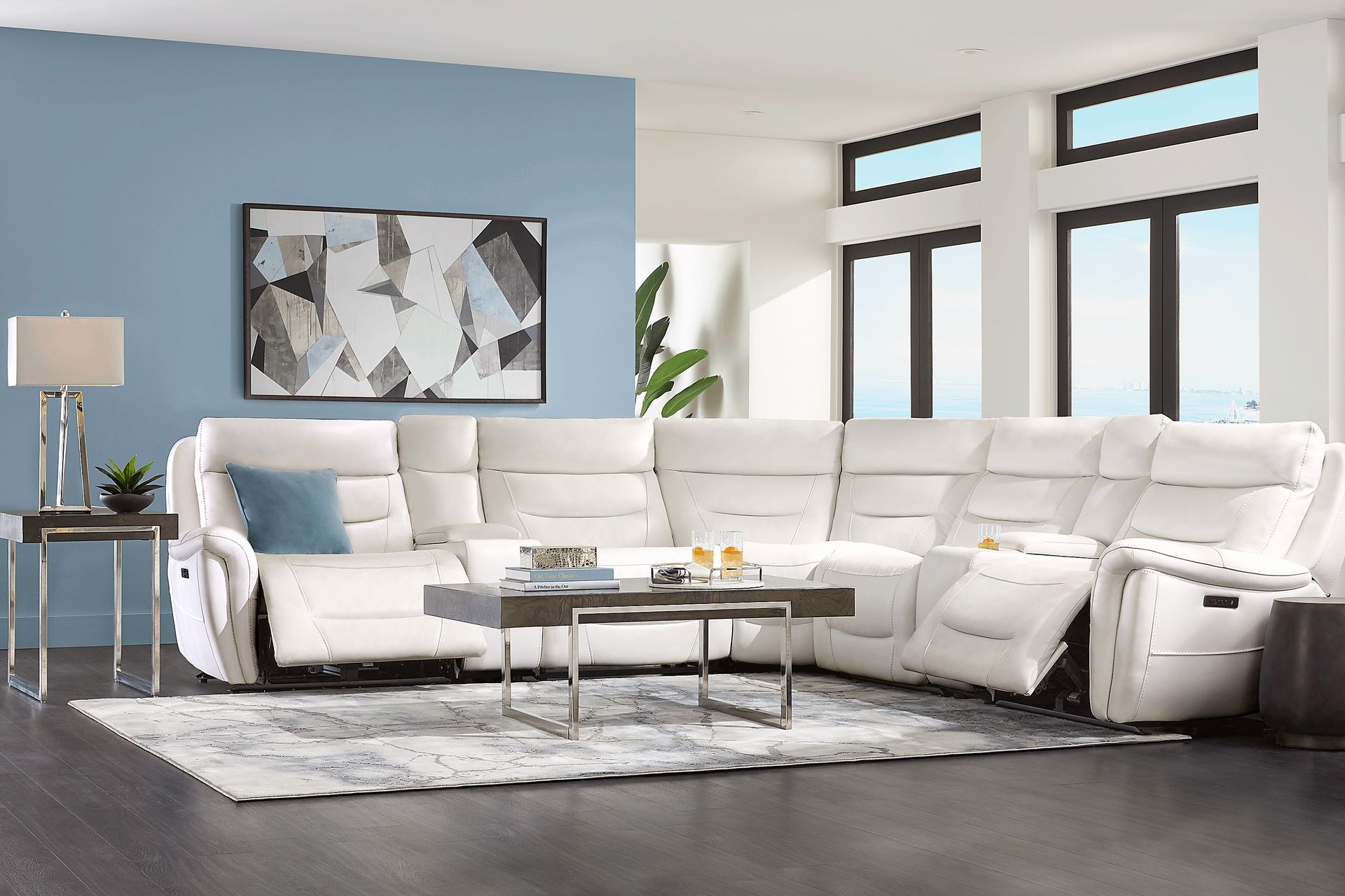 Regis Park White Leather 7 Pc Dual Power Reclining Sectional - Image 2
