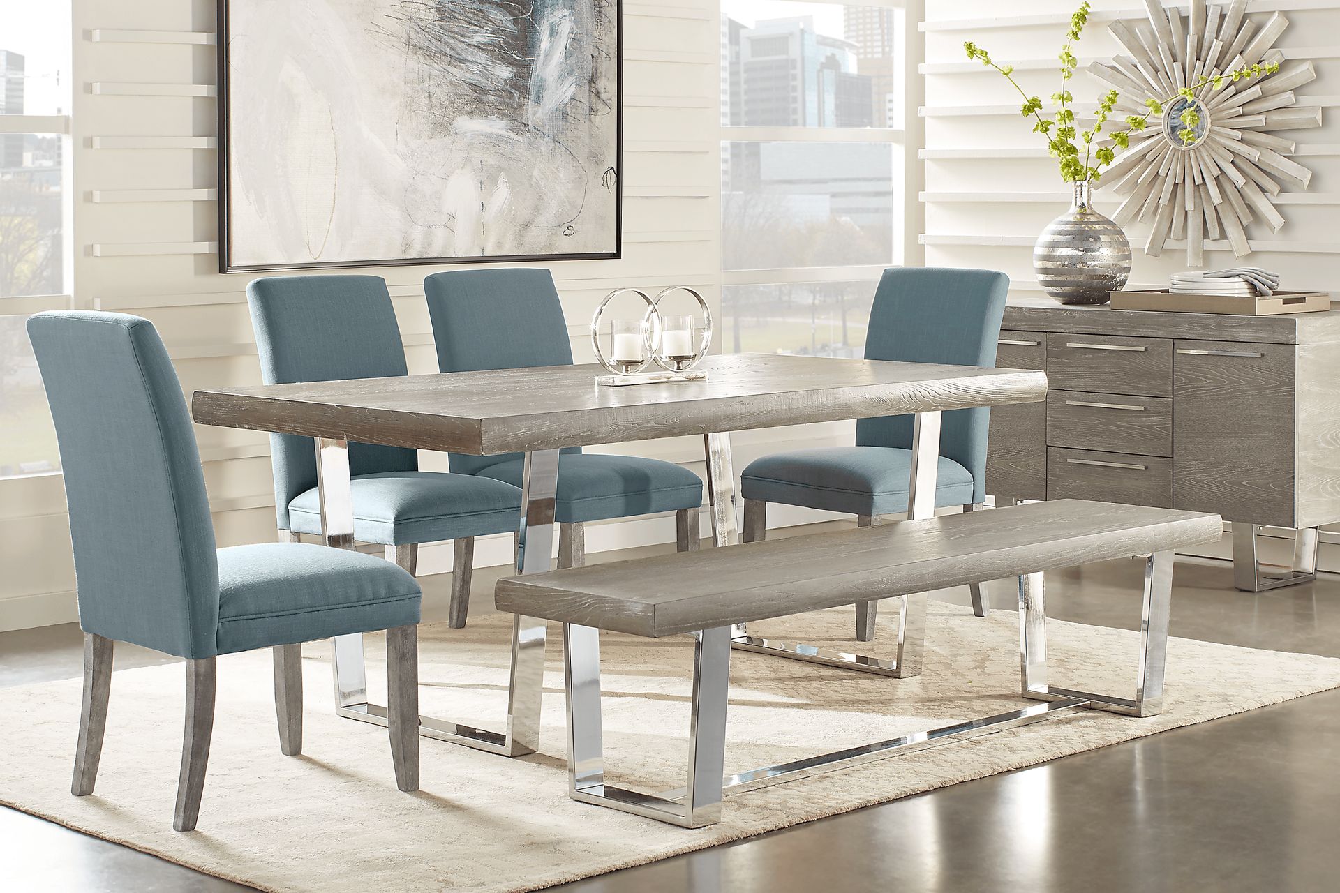 San Francisco Gray 6 Pc Dining Room with Bench and Blue Side Chairs - Image 1
