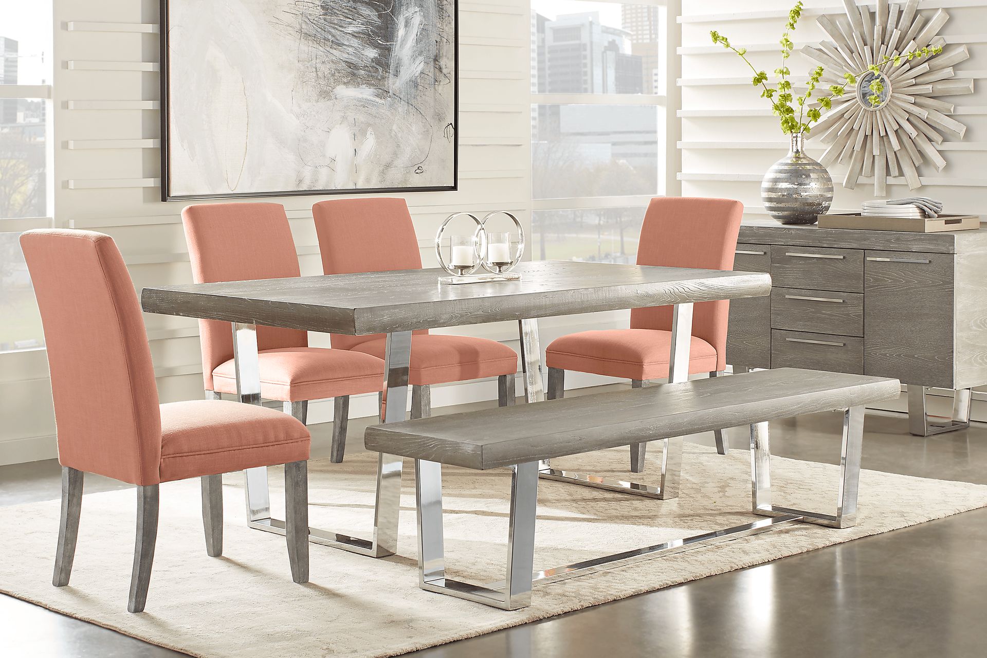 San Francisco Gray 6 Pc Dining Room with Bench and Orange Side Chairs - Image 1