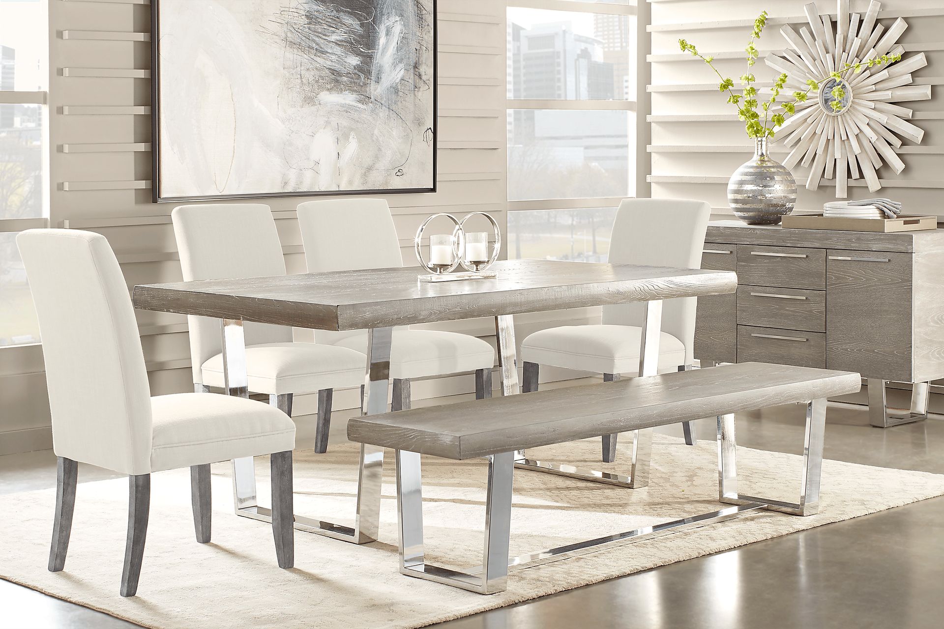 San Francisco Gray 6 Pc Dining Room with Bench and White Side Chairs - Image 1
