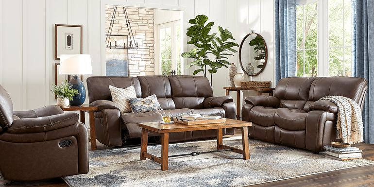 Cindy Crawford Home San Gabriel Brown Leather 3 Pc Living Room with Reclining Sofa
