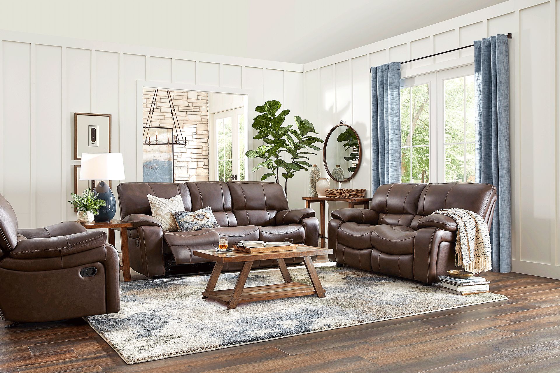 Cindy Crawford Home San Gabriel Brown Leather 5 Pc Living Room with Reclining Sofa - Image 1