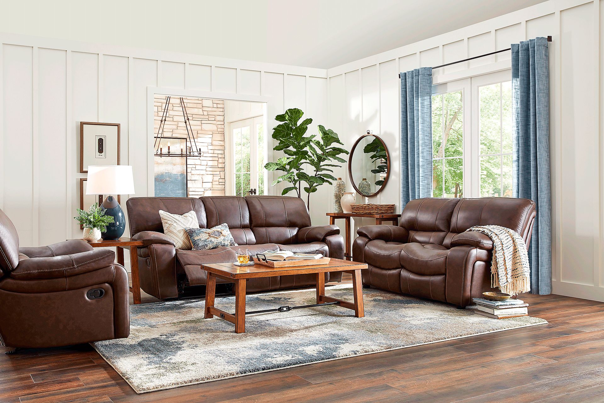 Cindy Crawford Home San Gabriel Brown Leather 7 Pc Living Room with Reclining Sofa - Image 1