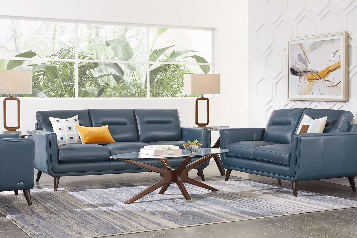 Cindy Crawford San Salerno 5 Pc Blue Leather Living Room Set With Sofa