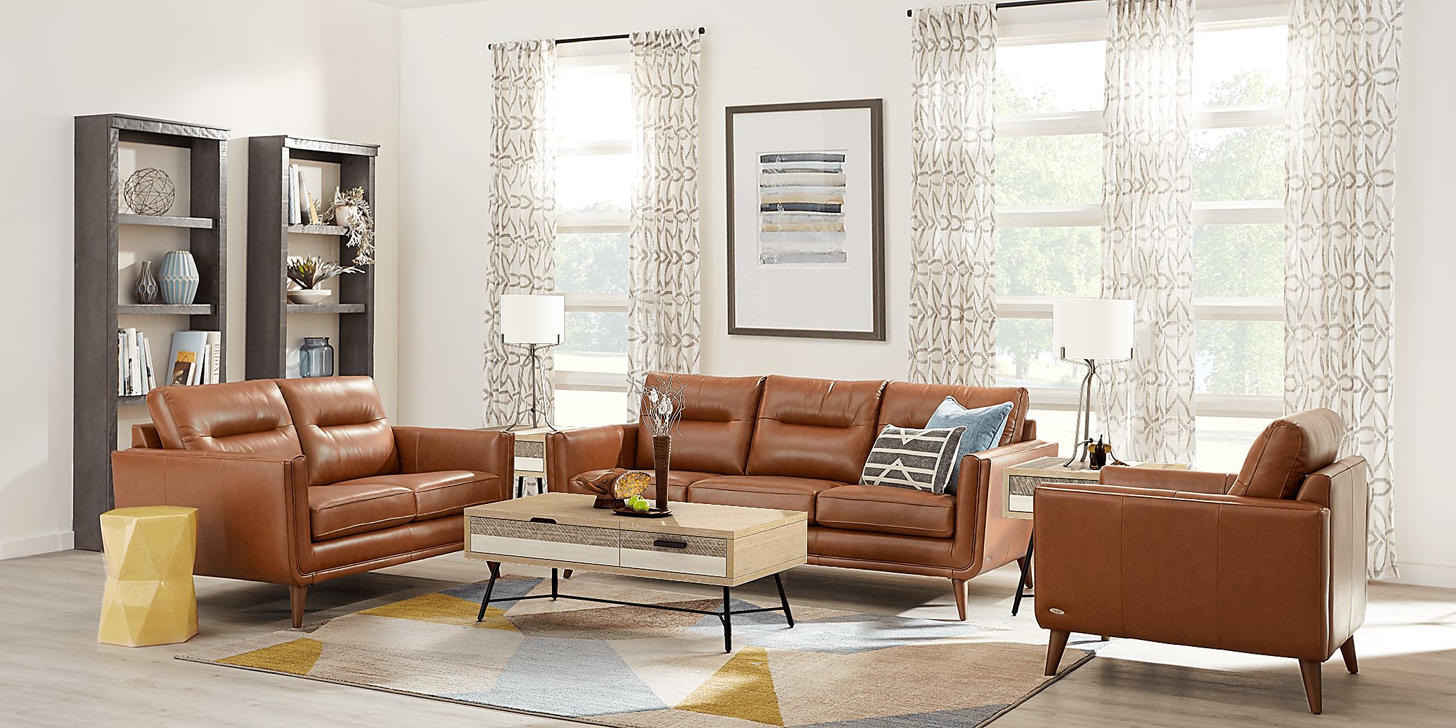 Cindy Crawford San Salerno 5 Pc Saddle Brown Leather Living Room Set With  Sofa, Loveseat, 3 Pc Table Set | Rooms to Go