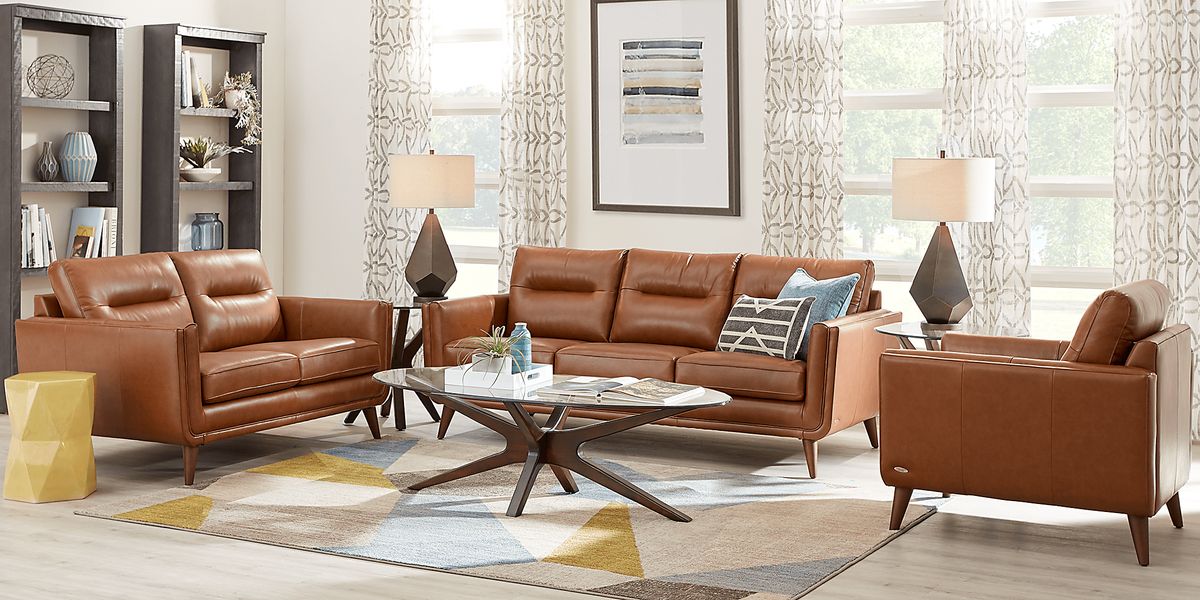 Cindy Crawford San Salerno 8 Pc Saddle Brown Leather Living Room