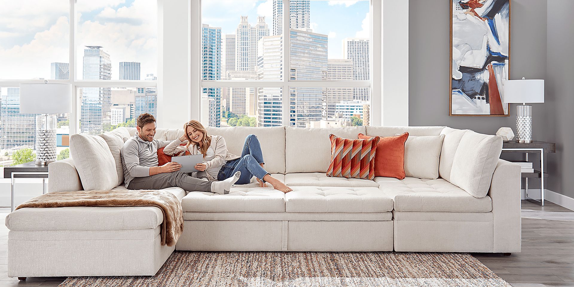 Cindy Crawford Home Sheridan Square Off-White 6 Pc Sleeper Sectional Living Room - Image 3