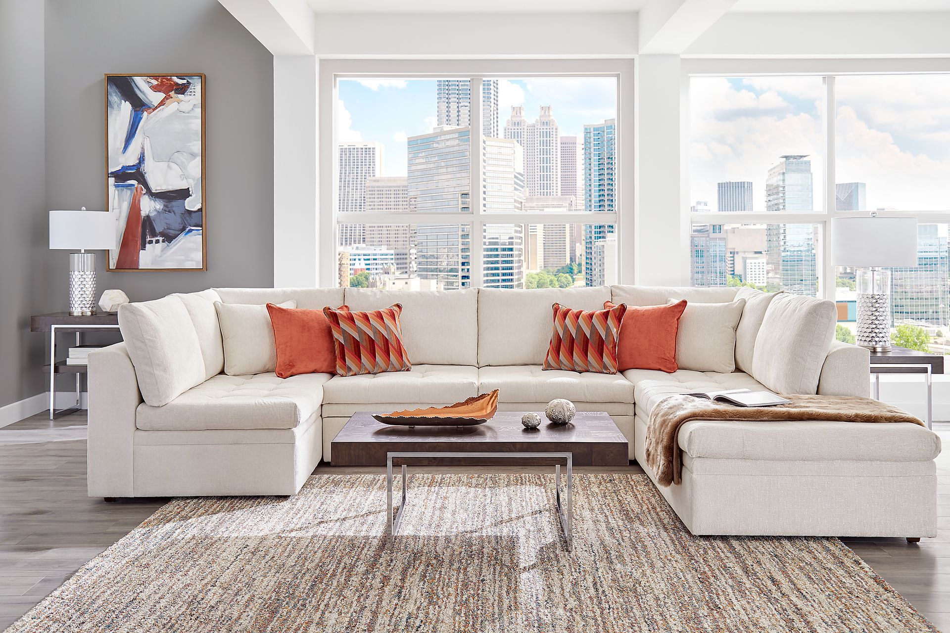 Cindy Crawford Home Sheridan Square Off-White 6 Pc Sleeper Sectional Living Room - Image 1