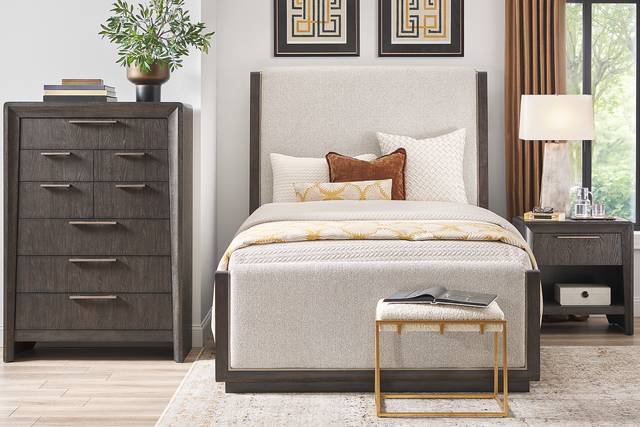 Cindy Crawford Home Small Space Fairfax Gray 5 Pc King Upholstered Bedroom - Thumbnail - Image 1