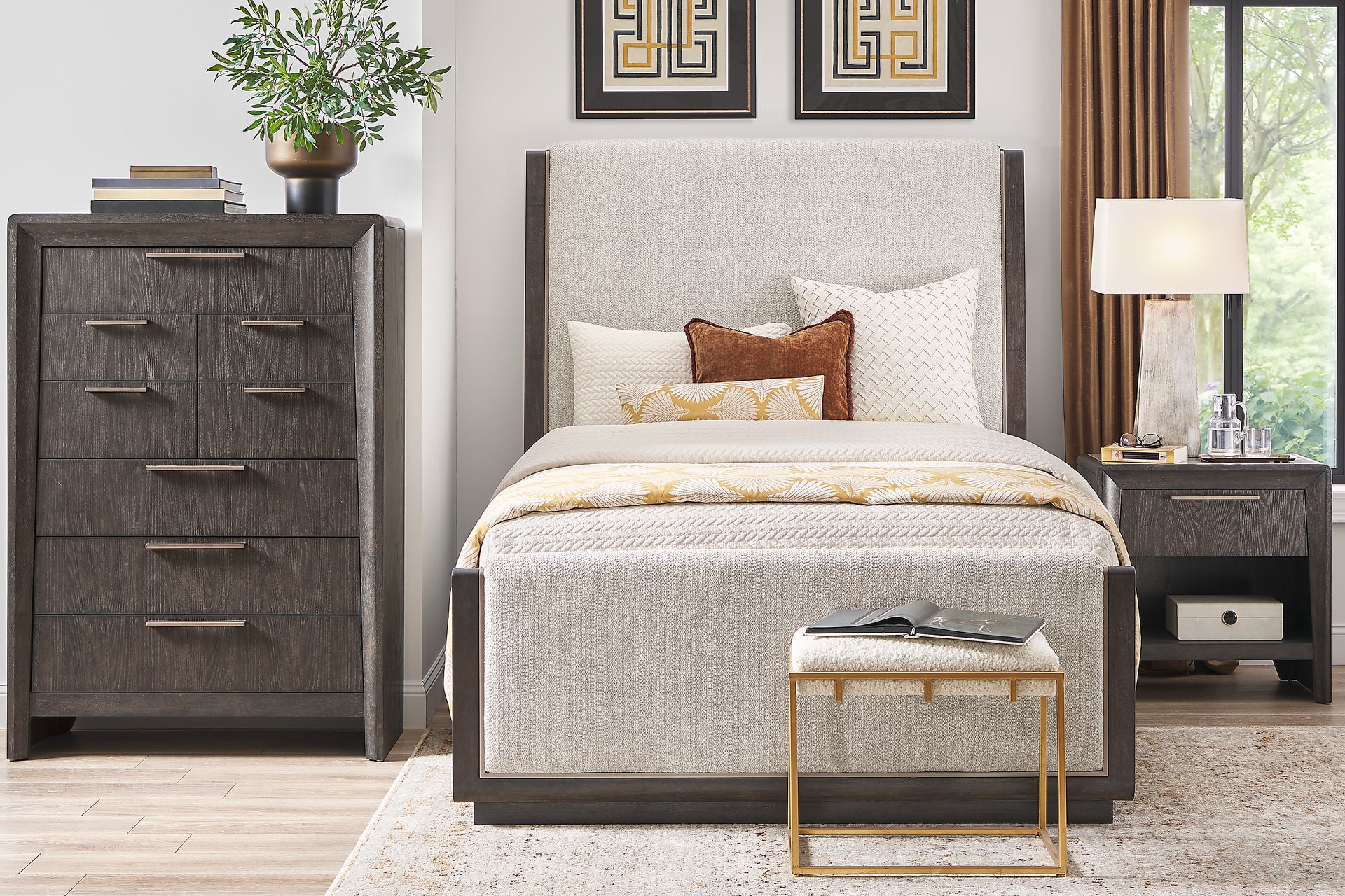 Cindy Crawford Home Small Space Fairfax Gray 5 Pc King Upholstered Bedroom - Image 1