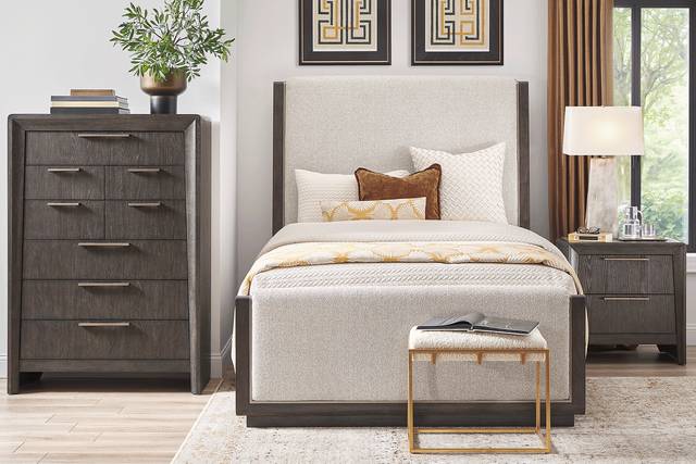 Cindy Crawford Home Small Space Fairfax Gray 5 Pc King Upholstered Bedroom - Thumbnail - Image 1