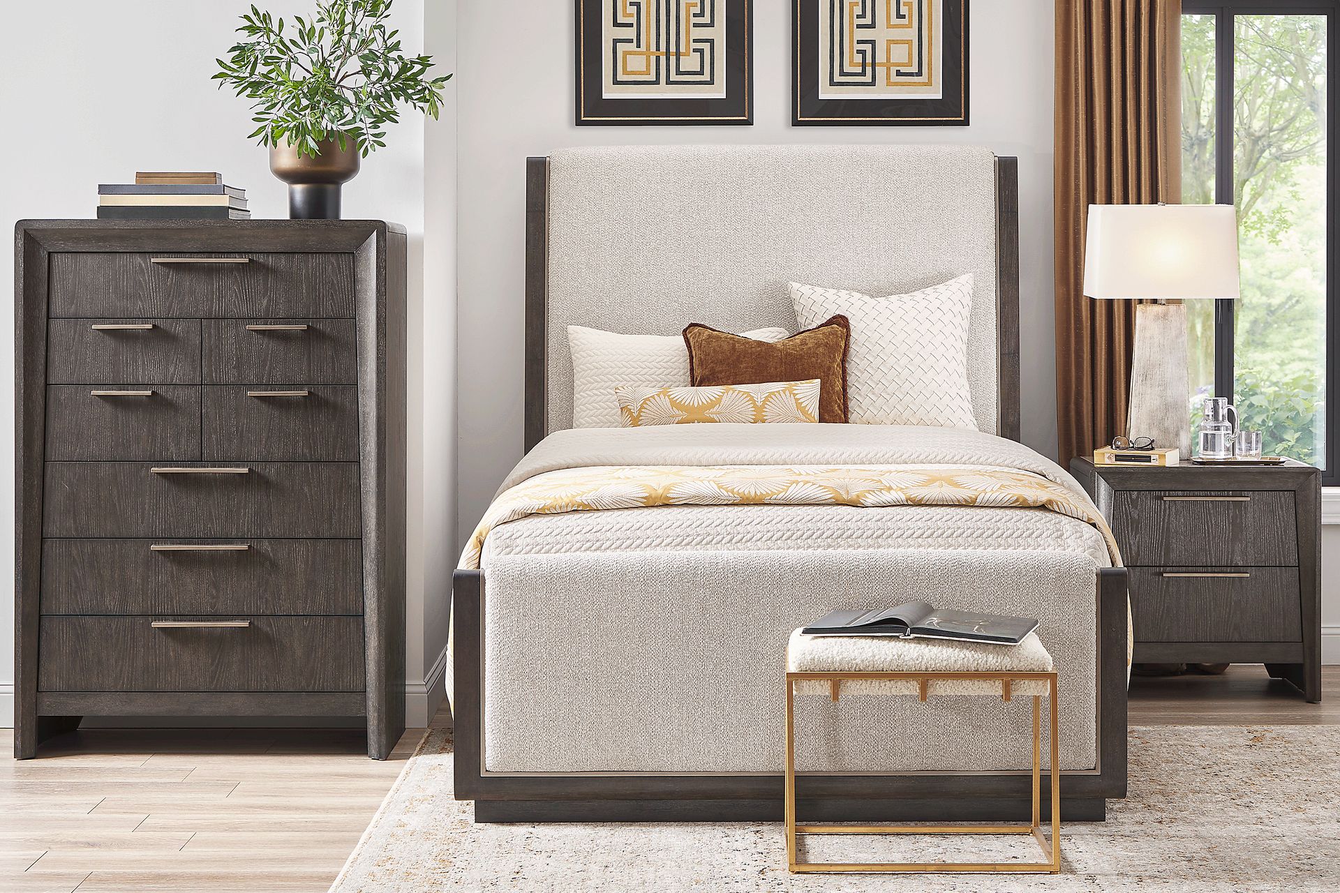 Cindy Crawford Home Small Space Fairfax Gray 5 Pc King Upholstered Bedroom - Image 1