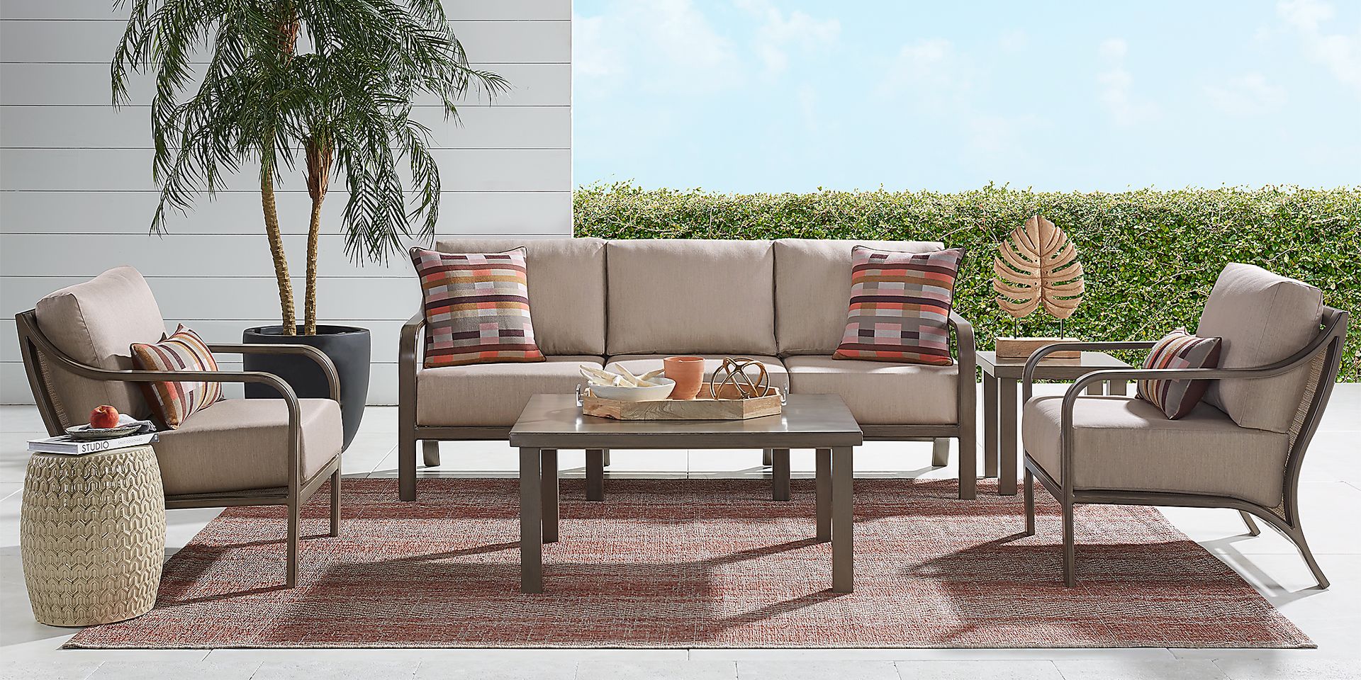 Cindy Crawford Home St. Lucia Champagne 5 Pc Outdoor Seating Set with Mushroom Cushion - Image 1