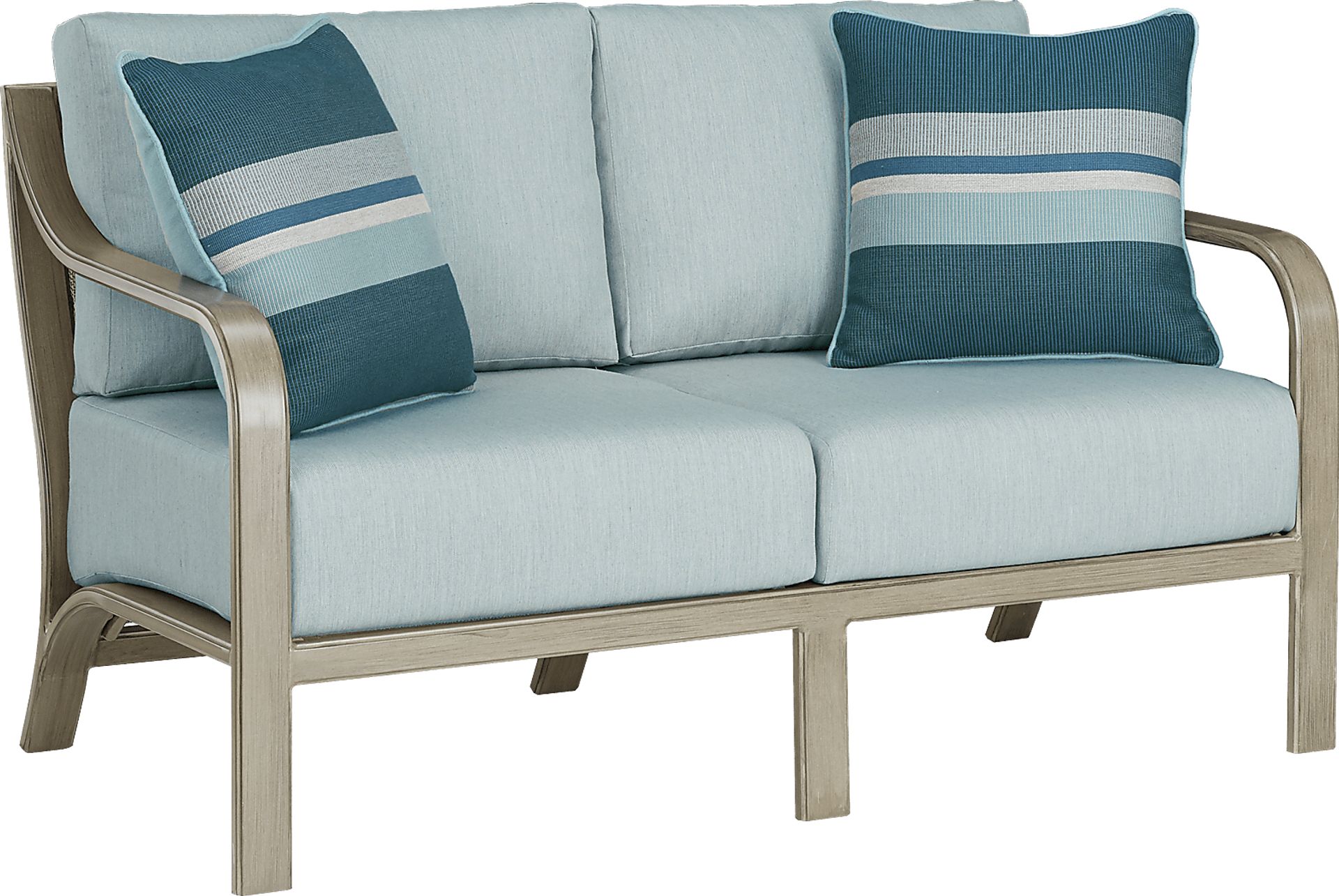 Cindy Crawford Home St. Lucia Champagne Outdoor Loveseat with Seafoam Cushions - Image 1