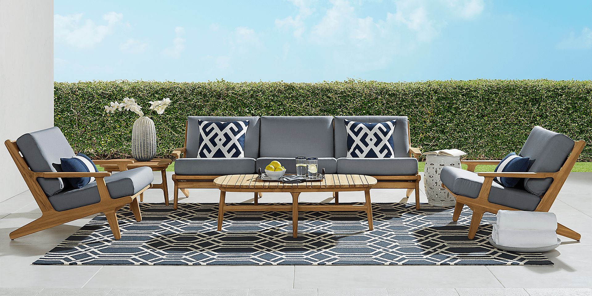 Cindy Crawford Home Sydney Teak 5 Pc Outdoor Seating Set with Denim Cushions - Image 1