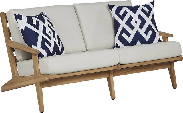 Cindy Crawford Home Sydney Teak Outdoor Loveseat with White Sand Cushions - Thumbnail - Image 1