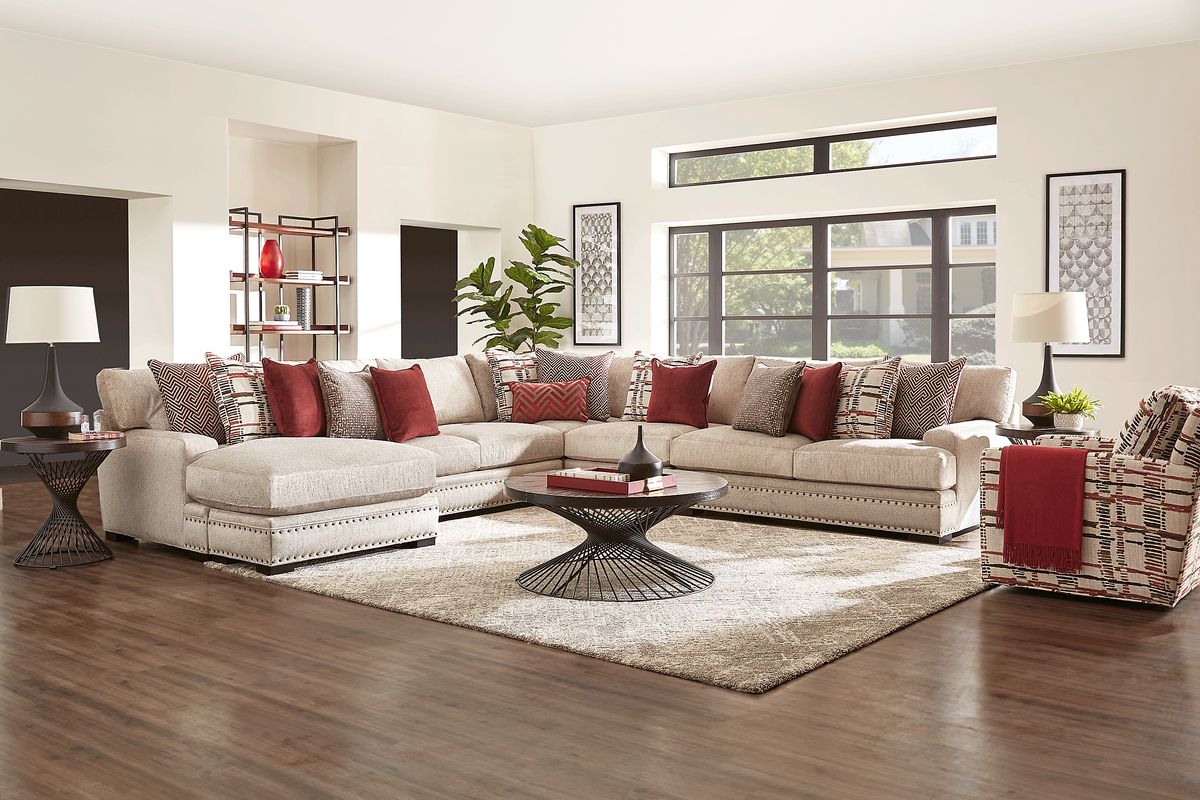 Cindy Crawford Tribeca Loft Beige Chenille Fabric 4 Pc Left Arm Sofa