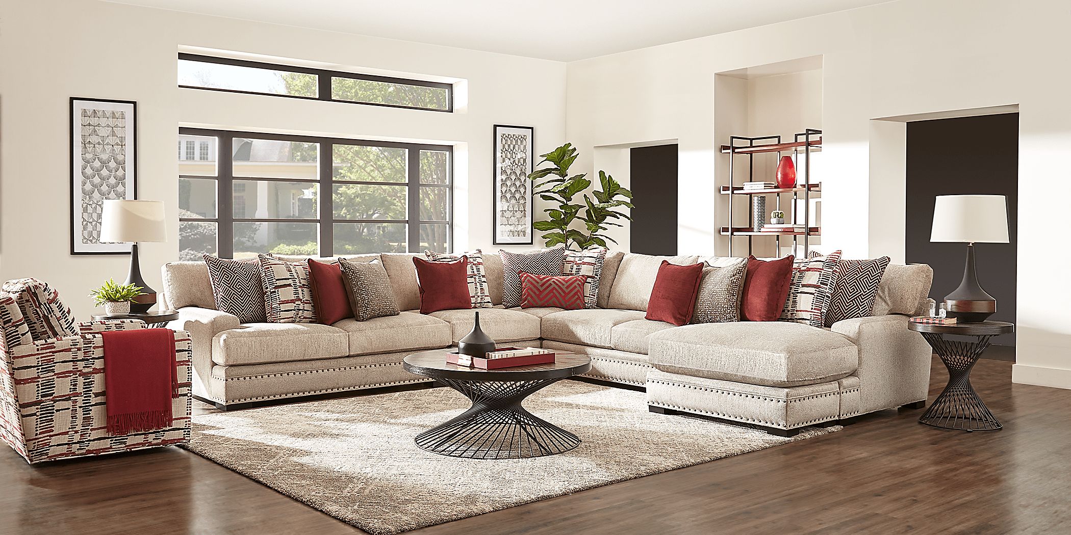 Cindy Crawford Tribeca Loft Beige Chenille Fabric 4 Pc Right Arm Sofa