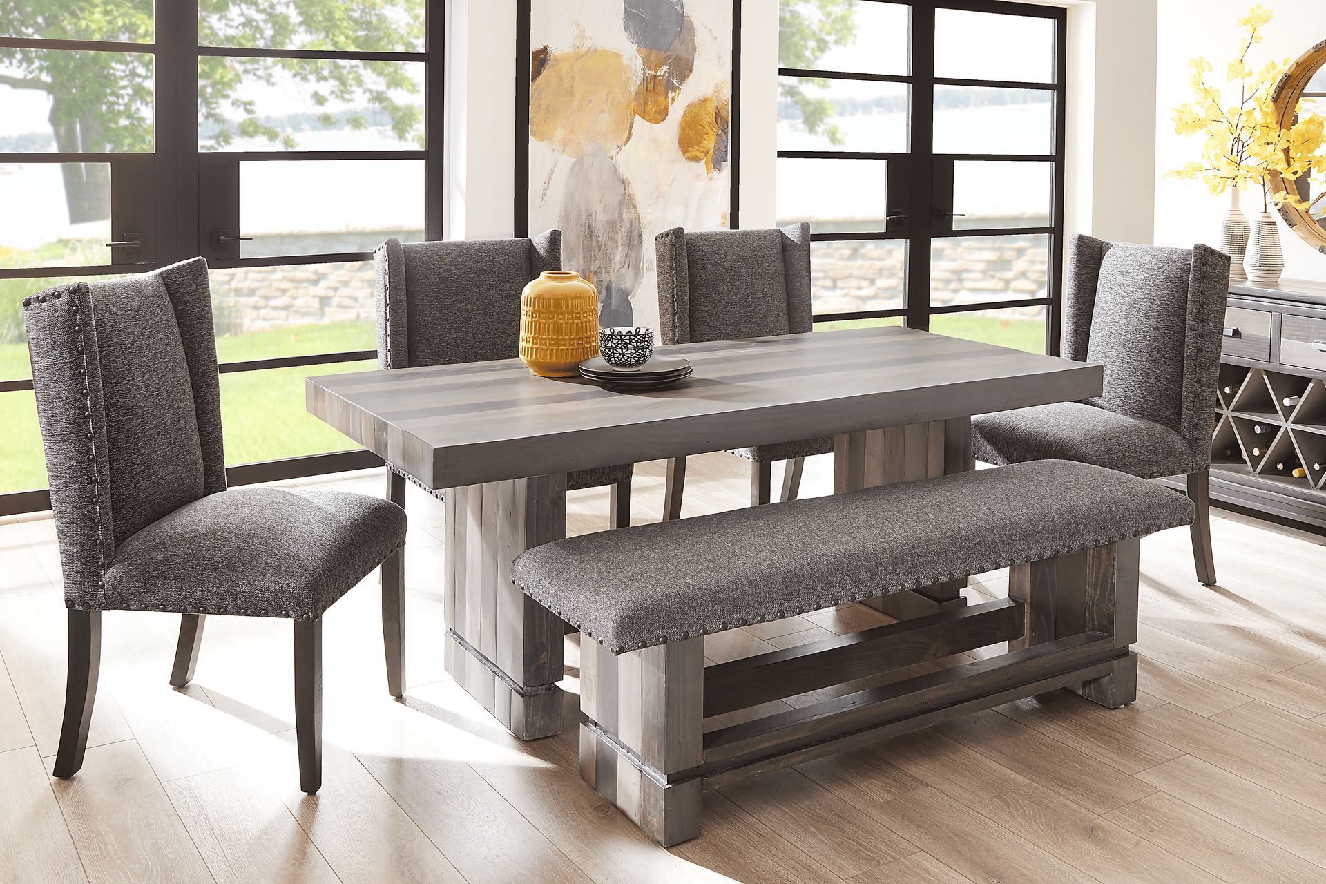 Cindy Crawford Westover Hills 6 Pc Gray Dining Room Set With Side Chair Bench Rectangle Dining Table Rooms to Go