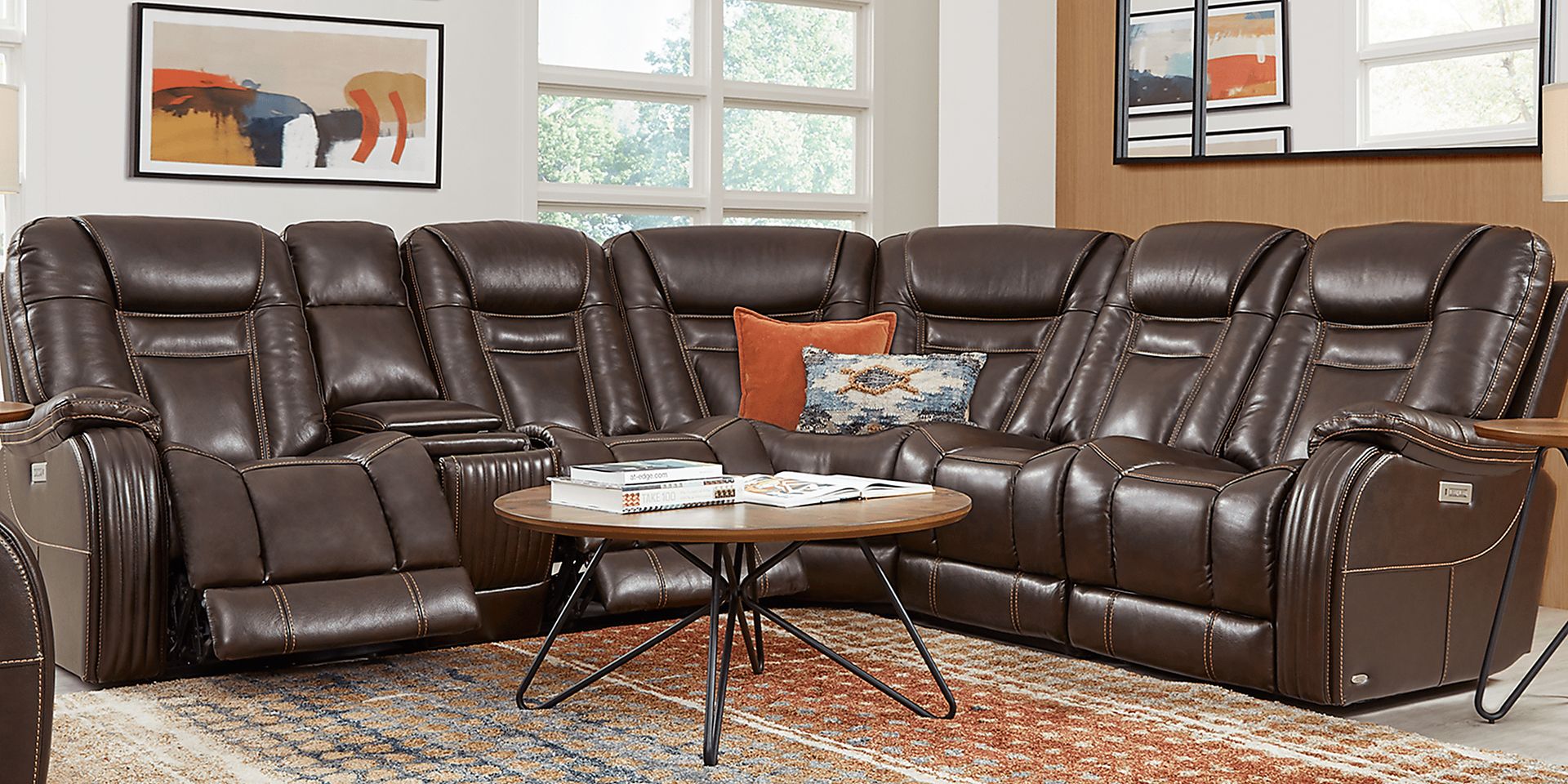 Cindy Crawford Home Willow Creek Walnut 9 Pc Leather Dual Power Reclining Sectional Living Room - Image 1