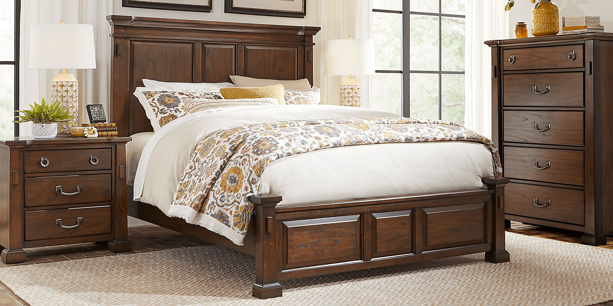 Clairfield 5 Pc Tobacco Dark Wood Queen Bedroom Set With 3 Pc Queen Bed,  Chest, Nightstand