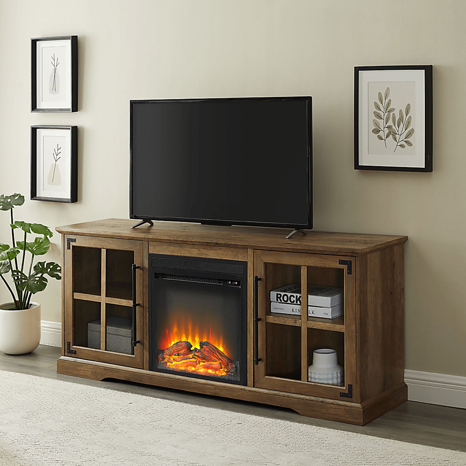 Clayshire Brown 60 in. Console, With Electric Fireplace - Image 4
