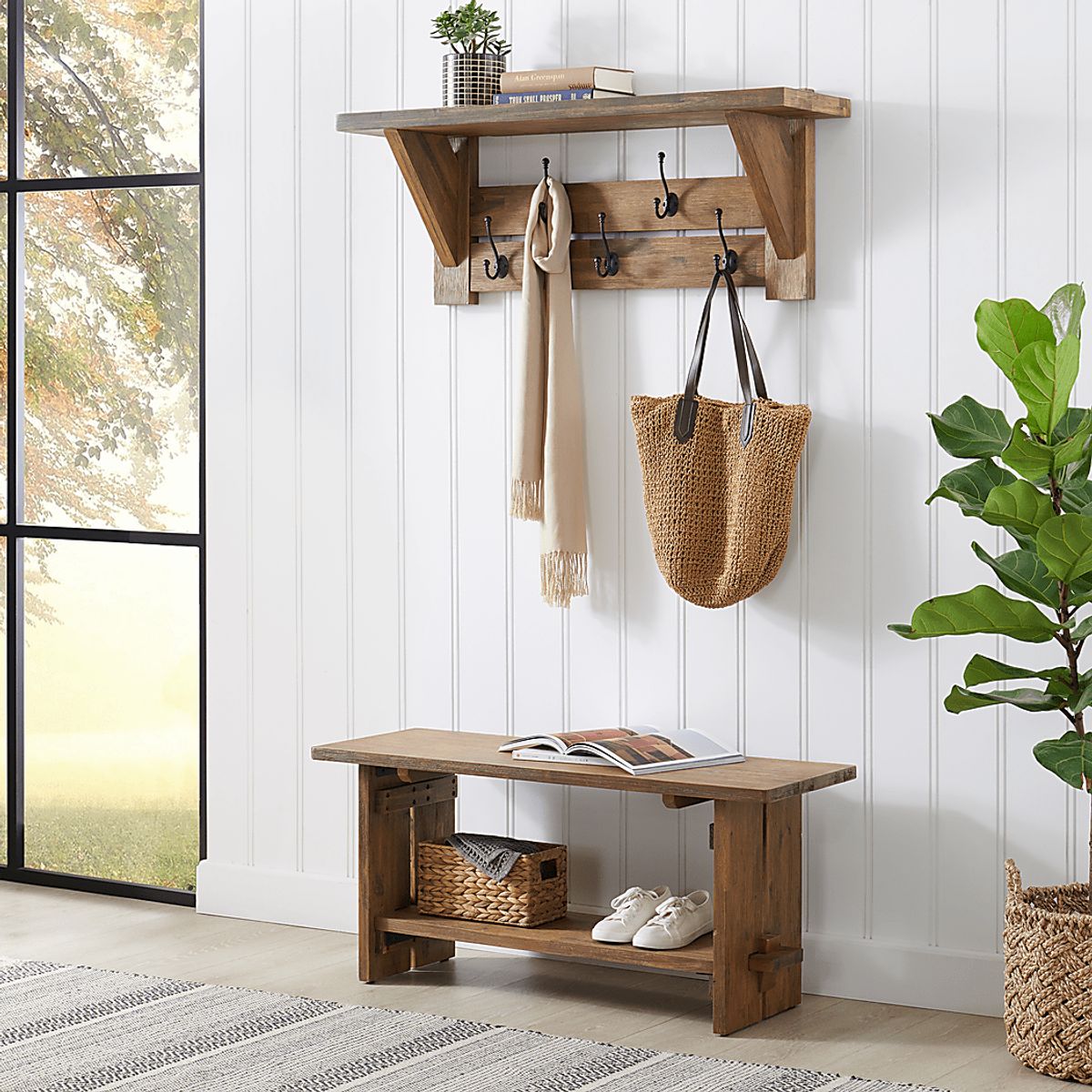 Clintom Natural Light Wood Bench And Coat Hook Set | Rooms to Go