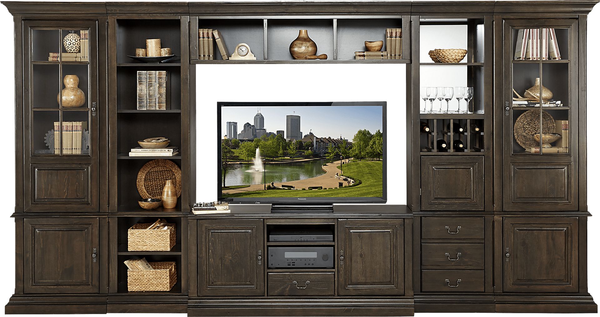 Cole Valley Walnut 6 Pc Wall Unit with Bar Pier and Display Piers - Image 2
