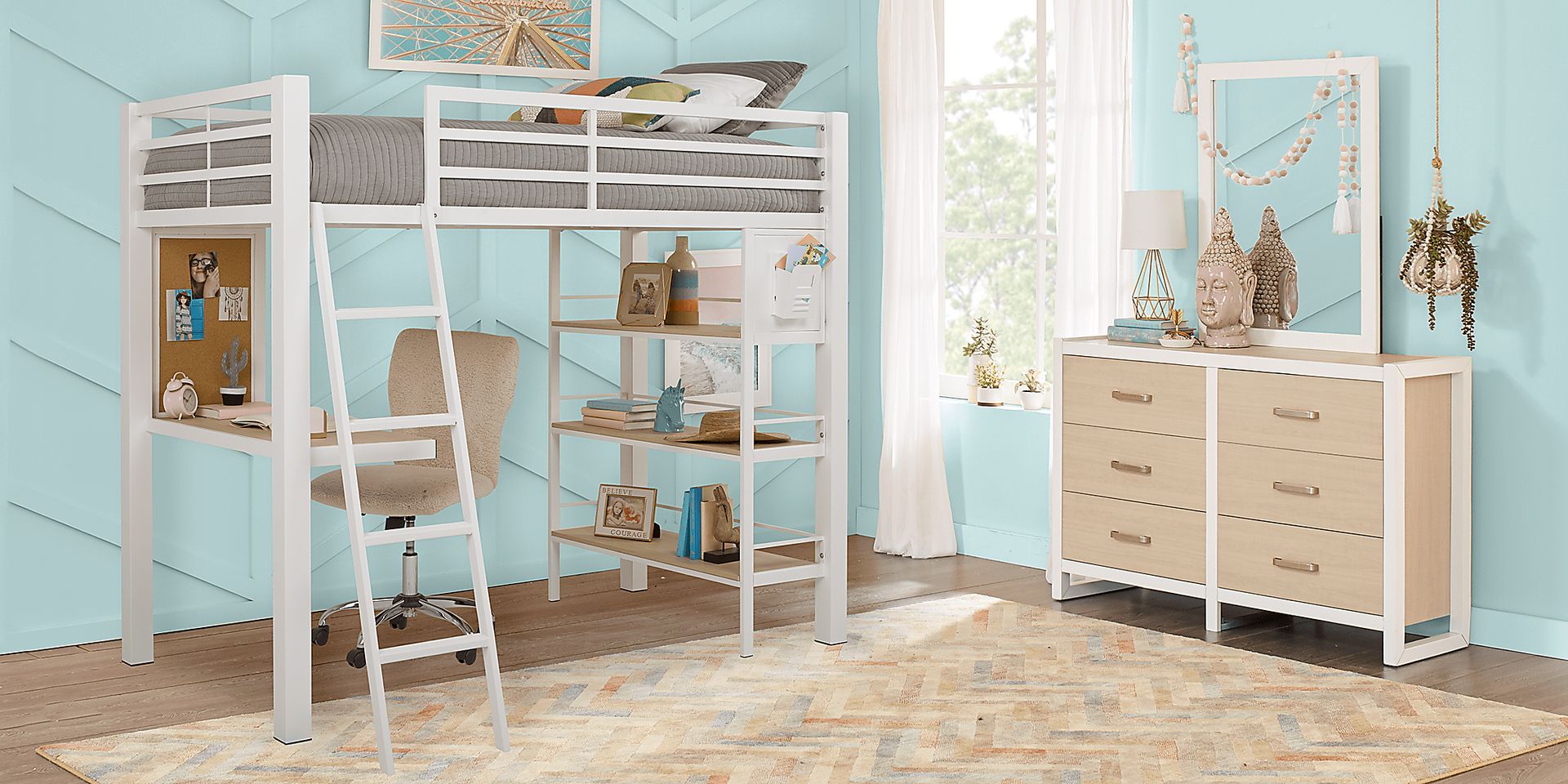 Colefax Avenue White Twin Loft Bed with Desk and Bookcase - Image 2