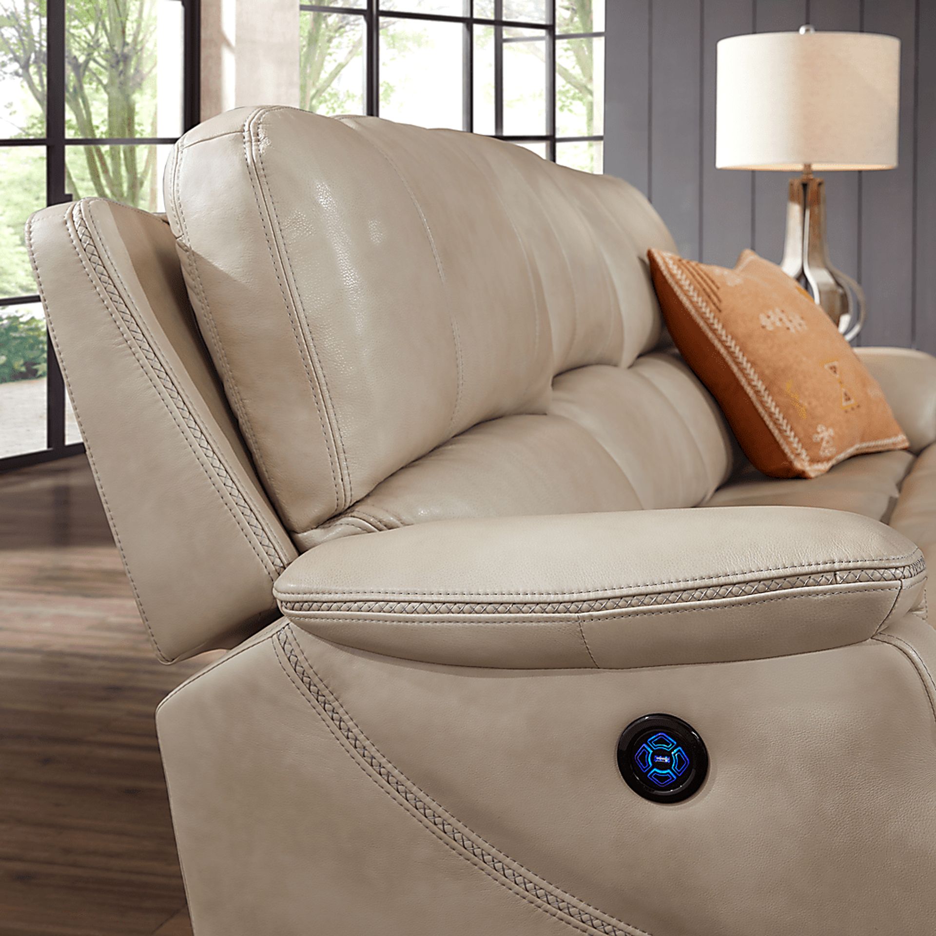 Colorado River Beige Leather Dual Power Reclining Sofa - Image 5