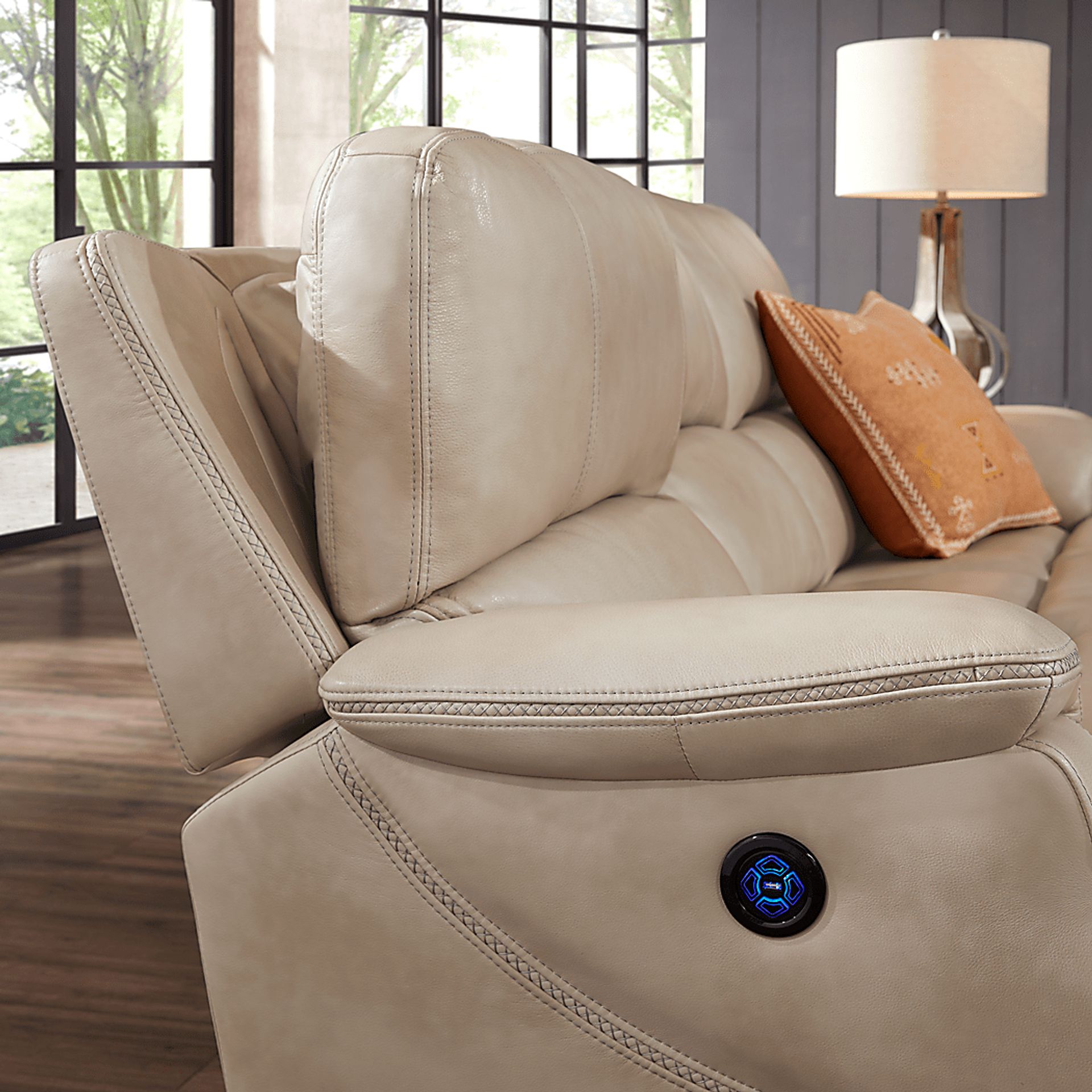 Colorado River Beige Leather Dual Power Reclining Sofa - Image 6