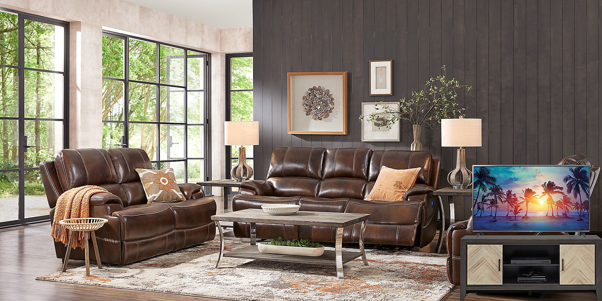 Colorado River Brown 6 Pc Leather Living Room with Reclining Sofa Plus 70 in. TV - Image 1